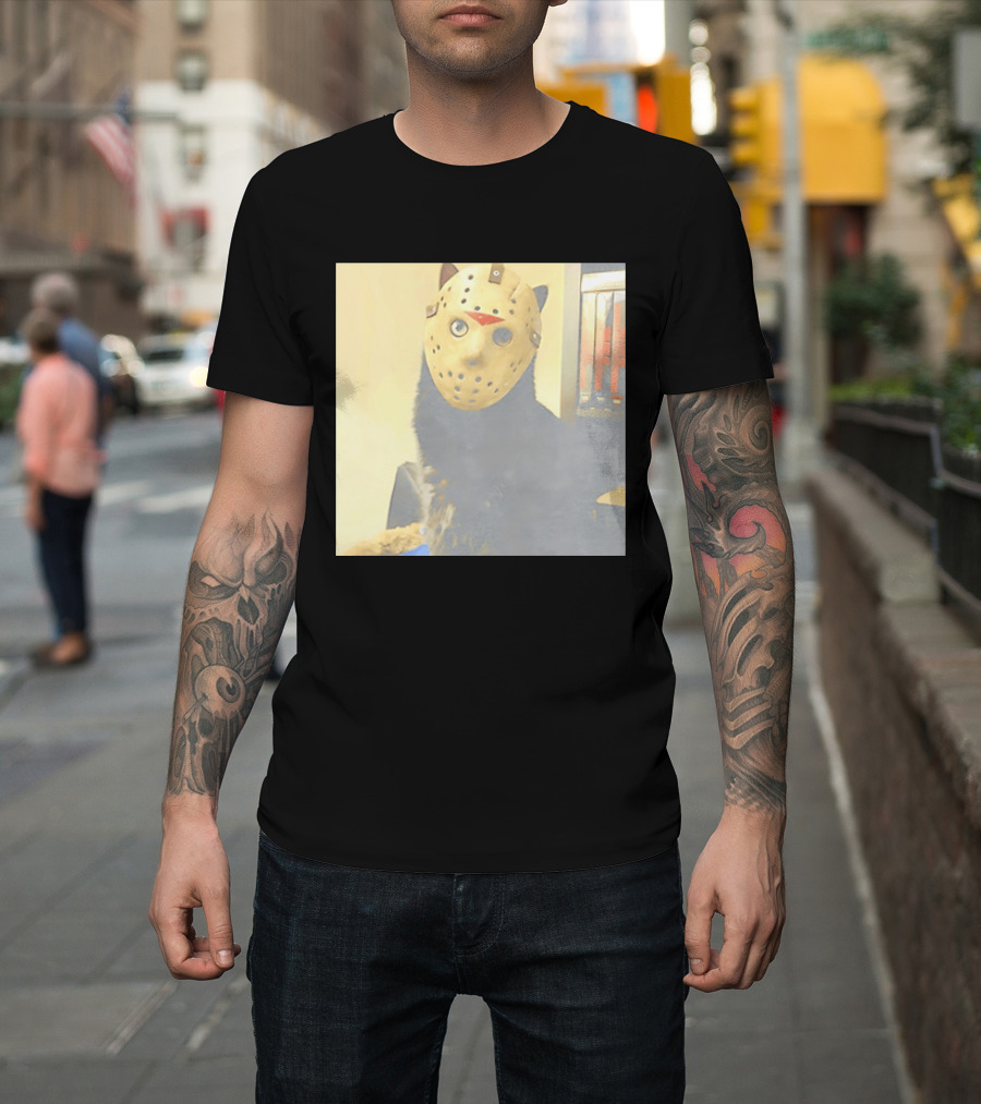 Black Cat In Horror Movie Jason Voorhees Mask T-Shirt