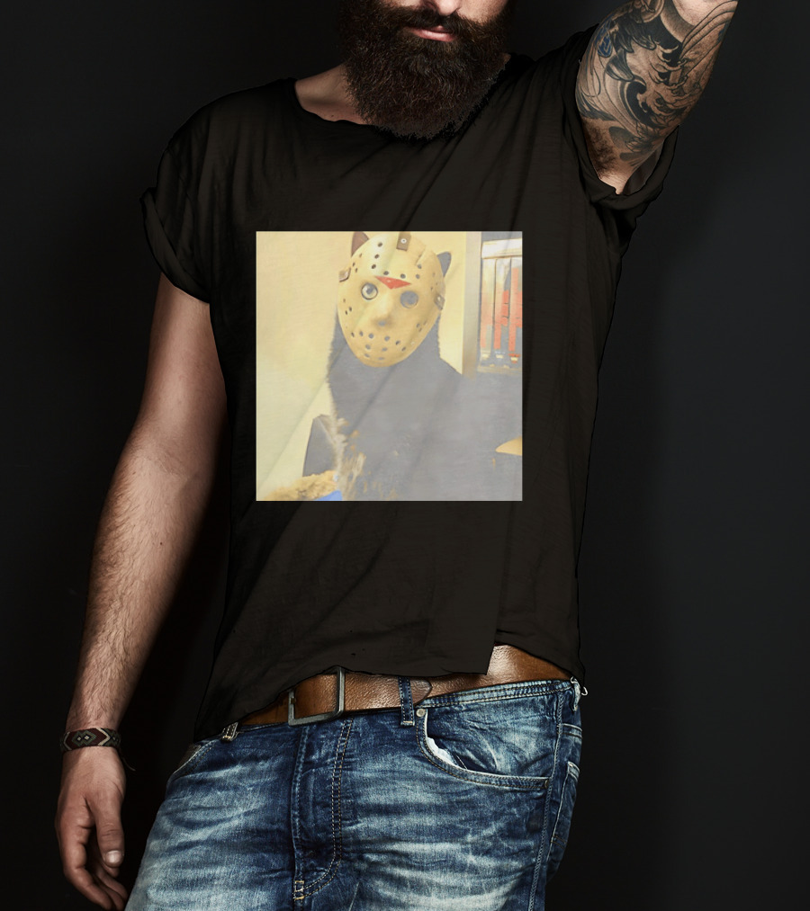 Black Cat In Horror Movie Jason Voorhees Mask T-Shirt