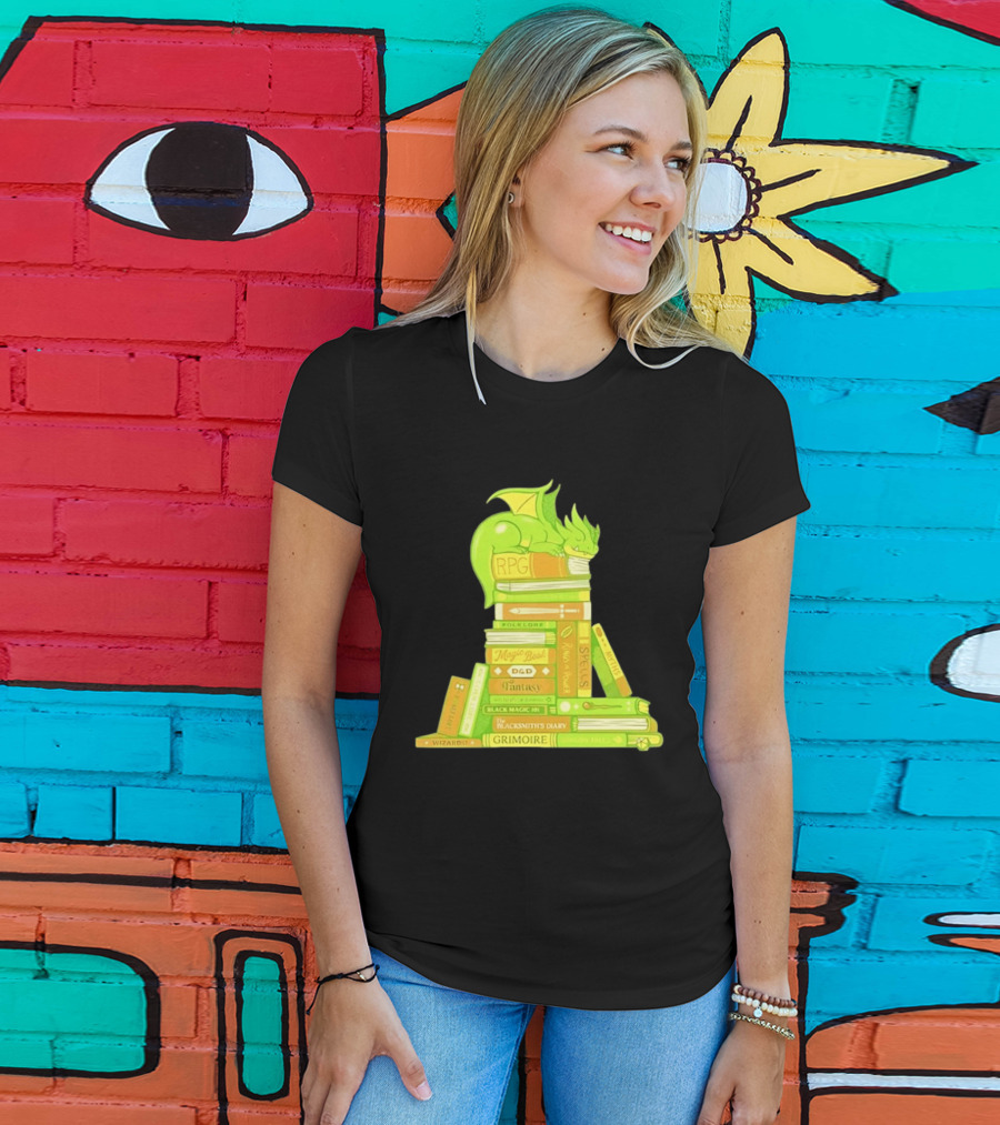 Sleeping Dragon On RPG Fantasy Magic Book Stack Grimoire Wizardry Tales T-Shirt