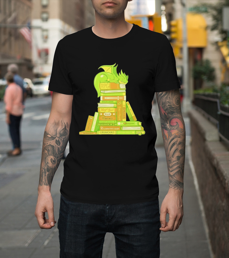 Sleeping Dragon On RPG Fantasy Magic Book Stack Grimoire Wizardry Tales T-Shirt