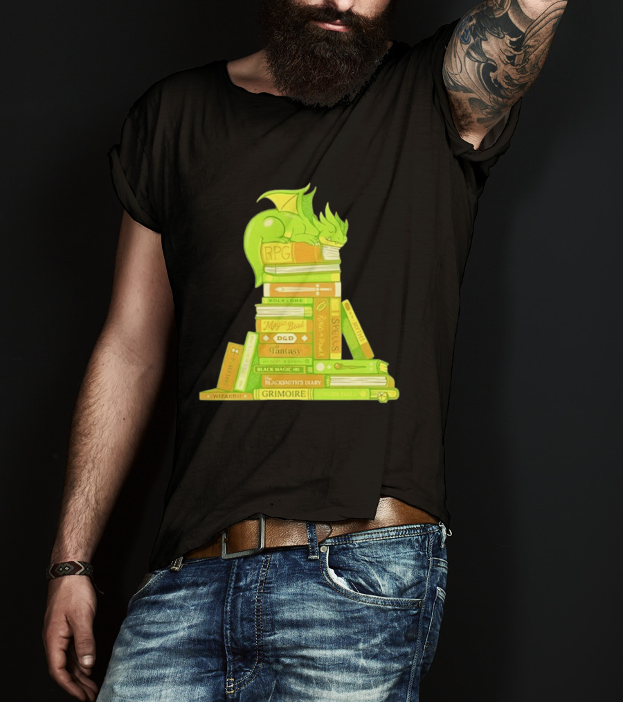 Sleeping Dragon On RPG Fantasy Magic Book Stack Grimoire Wizardry Tales T-Shirt