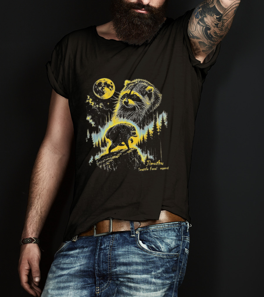 Timothy Seattle Feral Legend Raccoon Wildlife Moon Night Scene T-Shirt