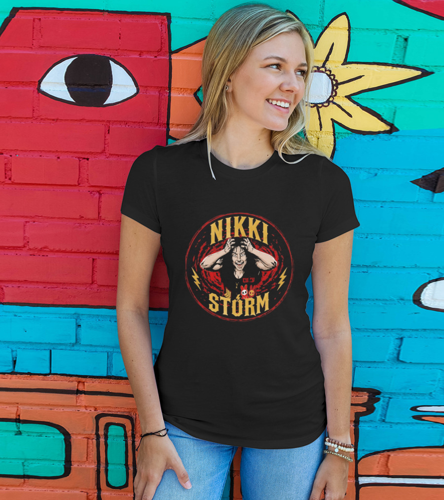 Nikki Stürm Wrestling Character With Lightning Bolts And Red Spiral T-Shirt