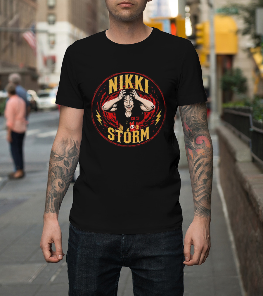 Nikki Stürm Wrestling Character With Lightning Bolts And Red Spiral T-Shirt