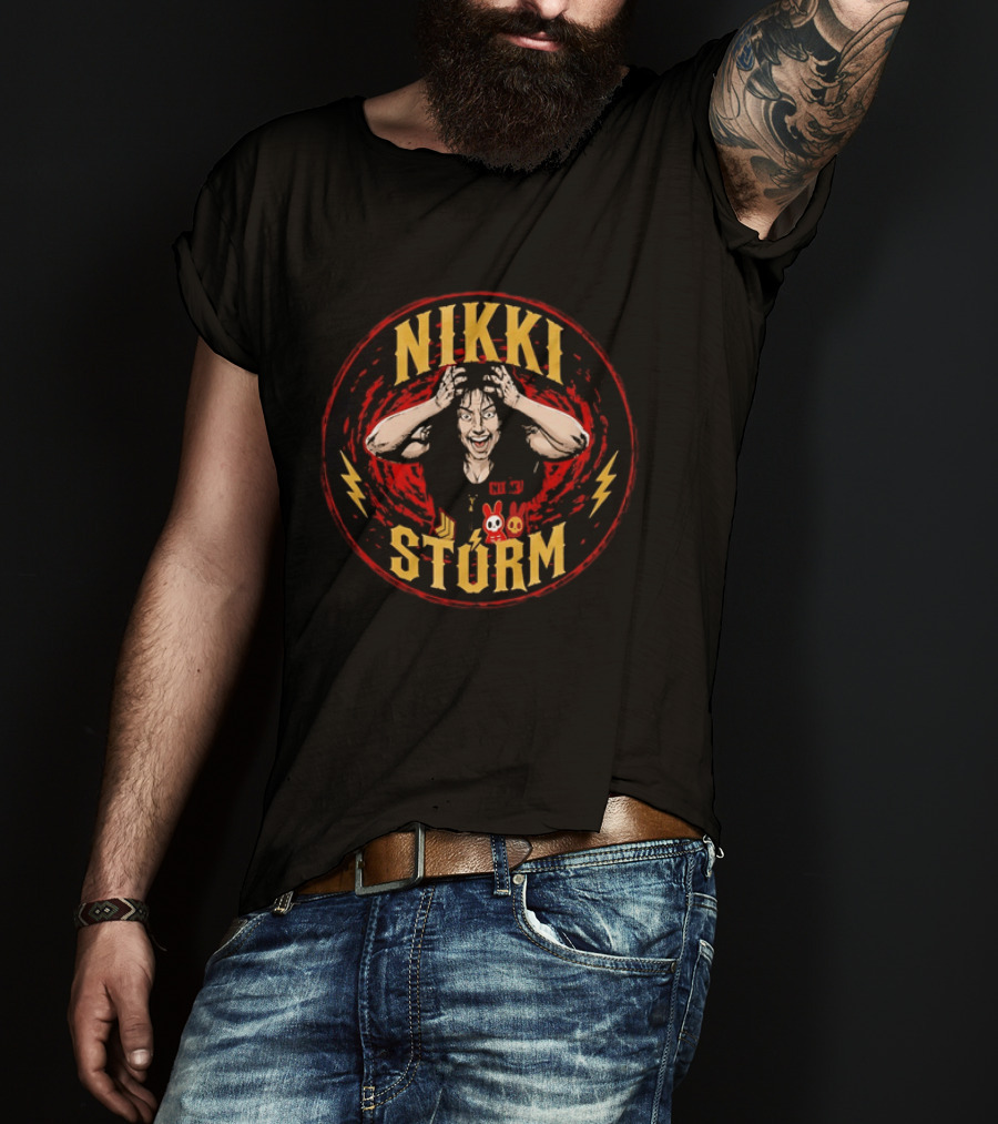 Nikki Stürm Wrestling Character With Lightning Bolts And Red Spiral T-Shirt