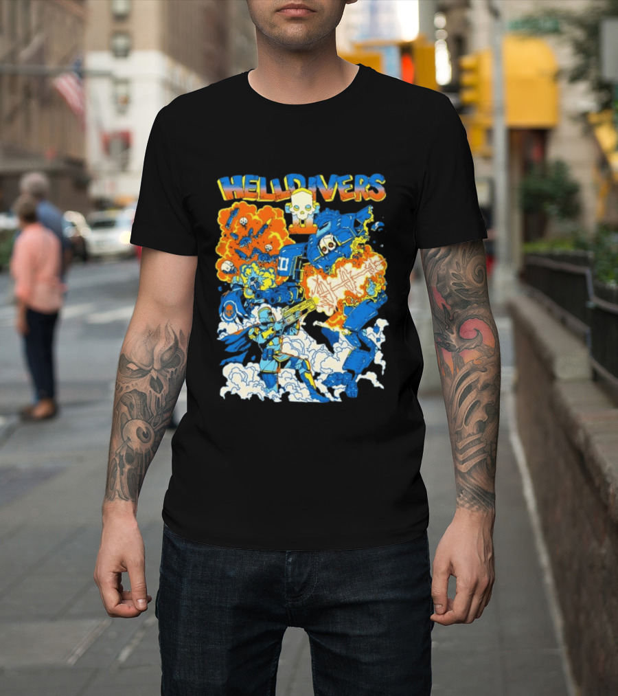 Helldivers Super Earth Soldier Combat Action Explosive Battle Scene T-Shirt