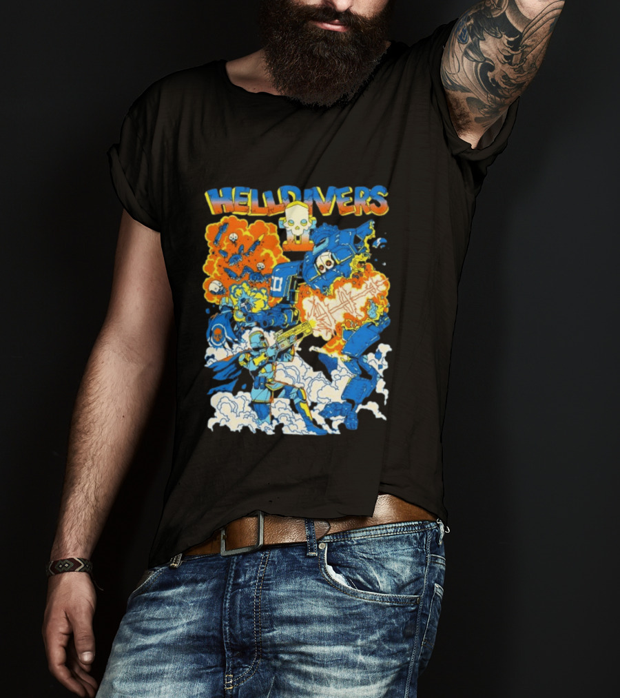 Helldivers Super Earth Soldier Combat Action Explosive Battle Scene T-Shirt