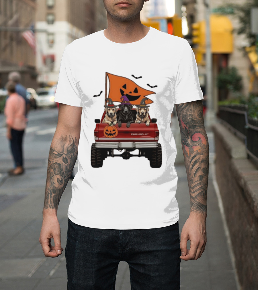 Chevrolet Halloween Dogs In Truck With Pumpkin And Bats T-Shirt