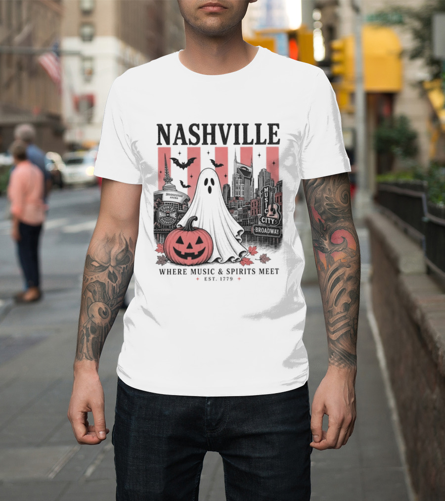 Nashville Halloween Ghost Music Spirits Skyline Pumpkin Bats T-Shirt