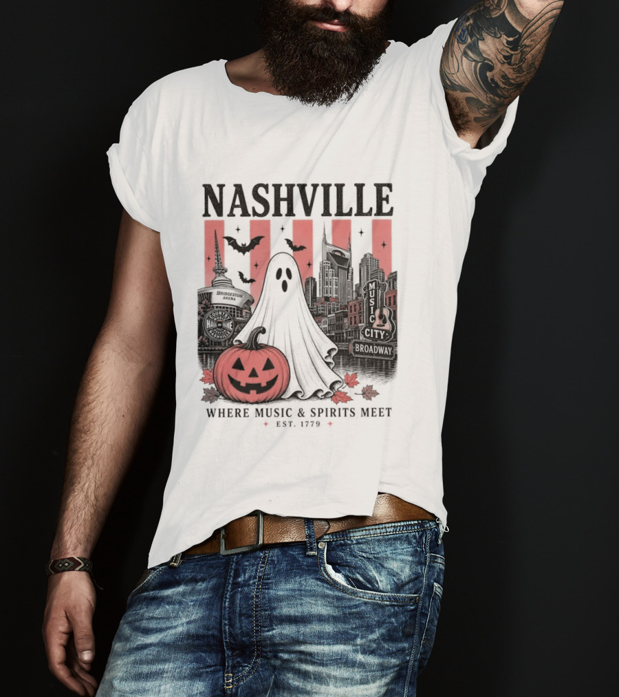 Nashville Halloween Ghost Music Spirits Skyline Pumpkin Bats T-Shirt