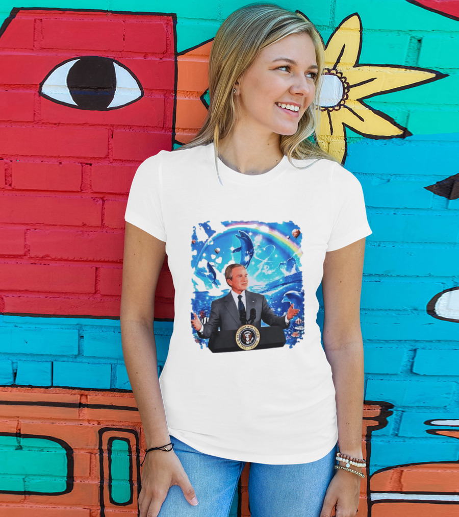 George W Bush Dolphins Coexist Peacefully With Rainbow And Ocean Scene T-Shirt