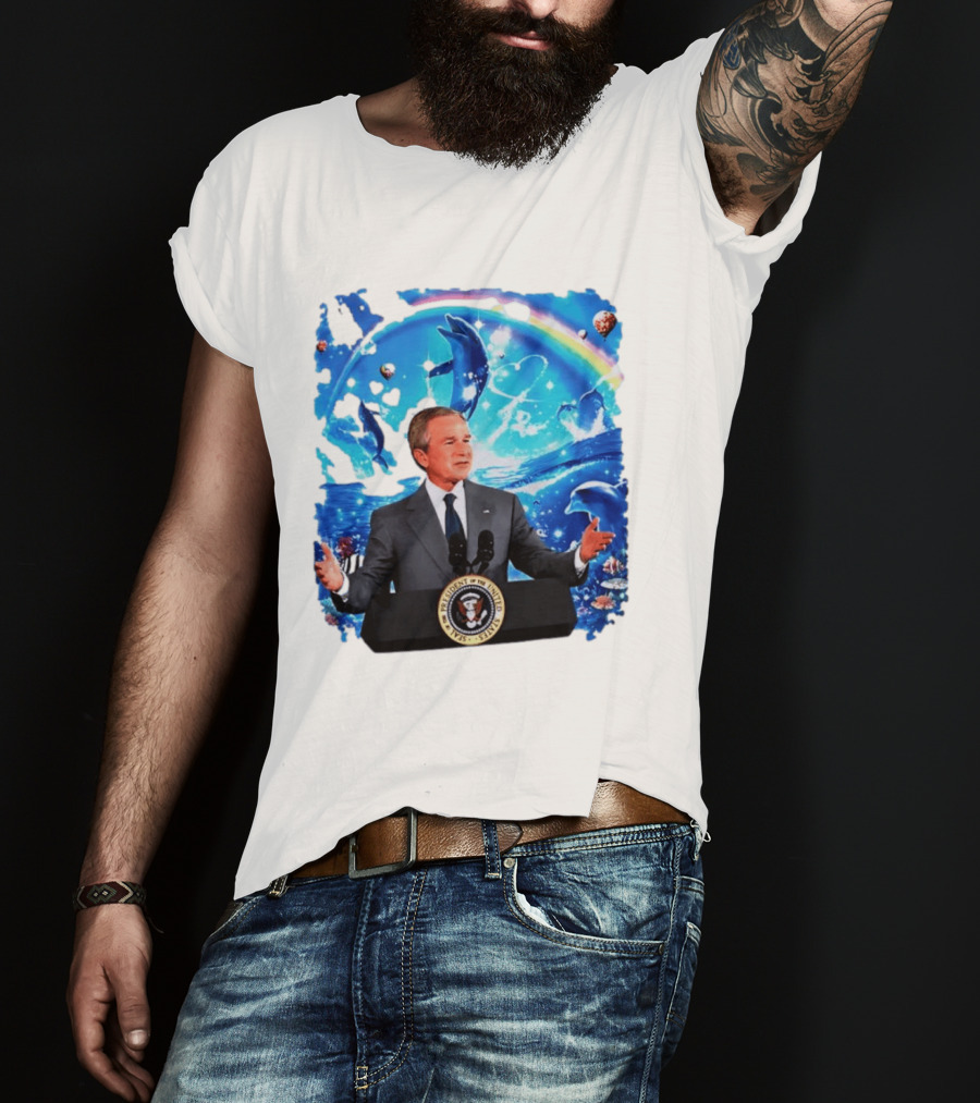 George W Bush Dolphins Coexist Peacefully With Rainbow And Ocean Scene T-Shirt