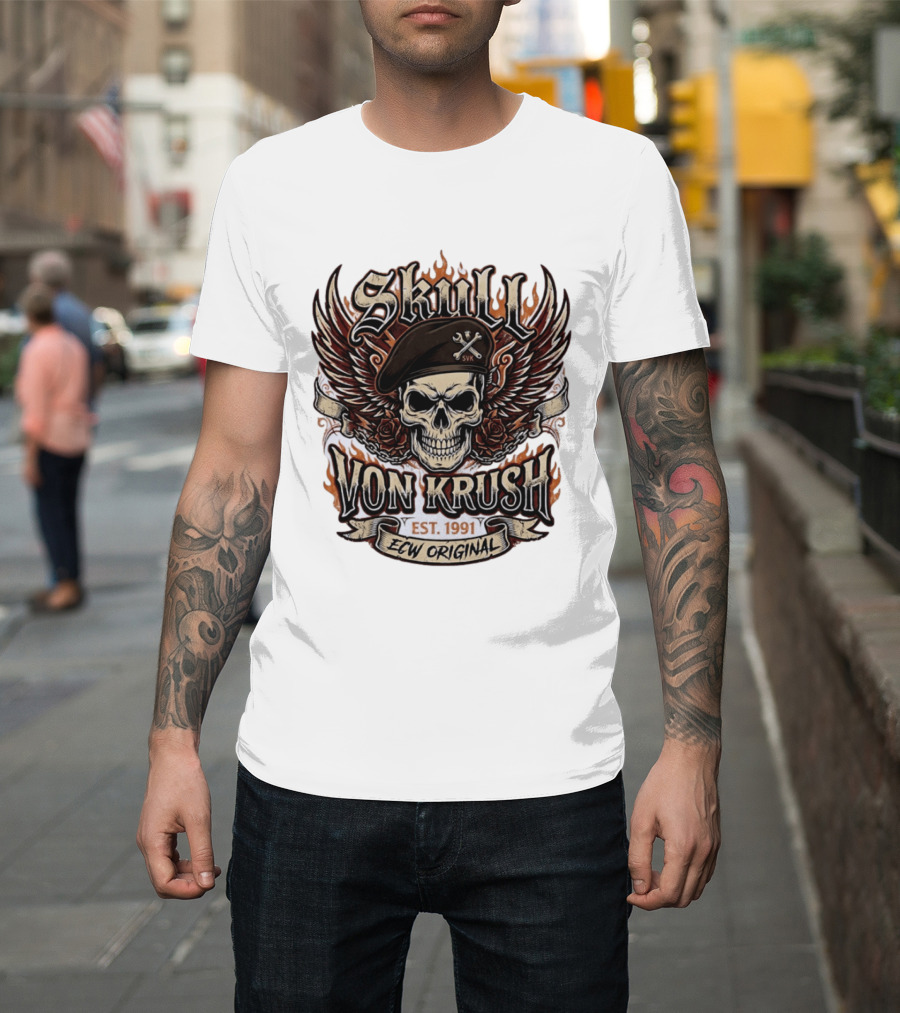 Skull Von Krush SVK Est 1991 ECW Original Flame Wings Roses T-Shirt
