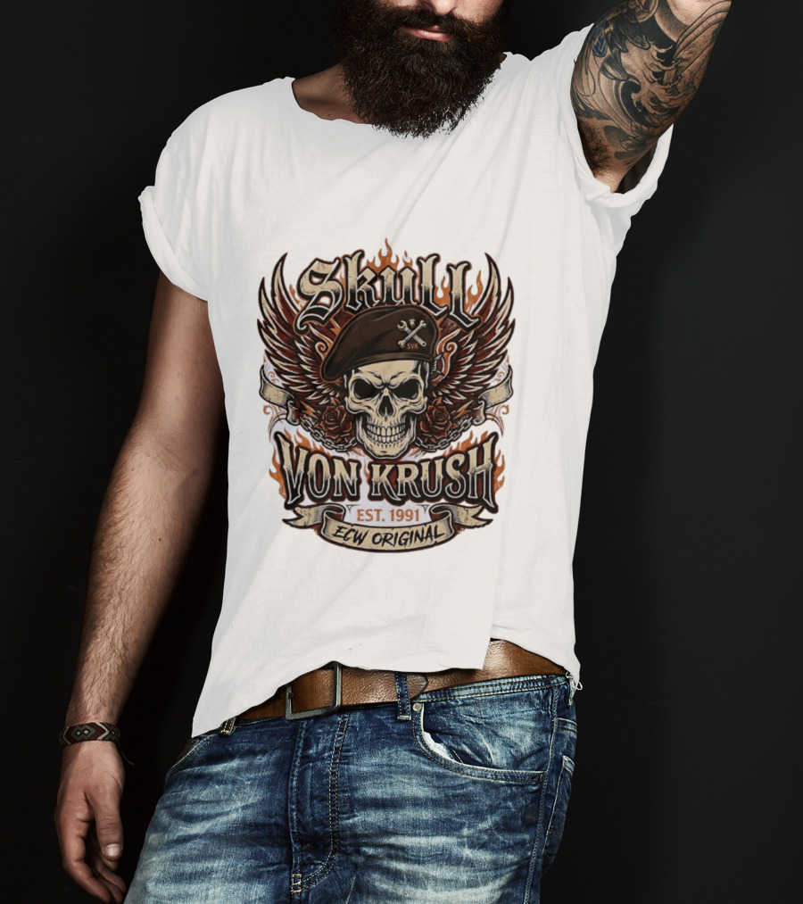 Skull Von Krush SVK Est 1991 ECW Original Flame Wings Roses T-Shirt