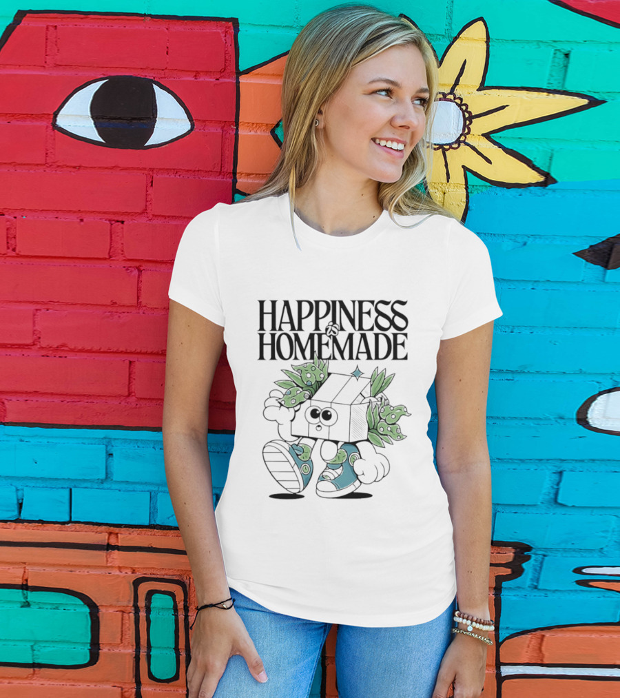 Happiness Is Homemade Cute Cartoon Box Character With Flowers T-Shirt