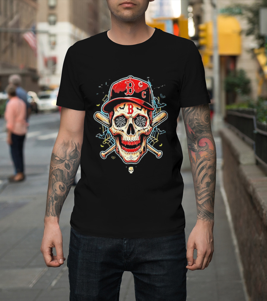 Boston Red Sox Skull Baseball Crossed Bats Red Cap T-Shirt