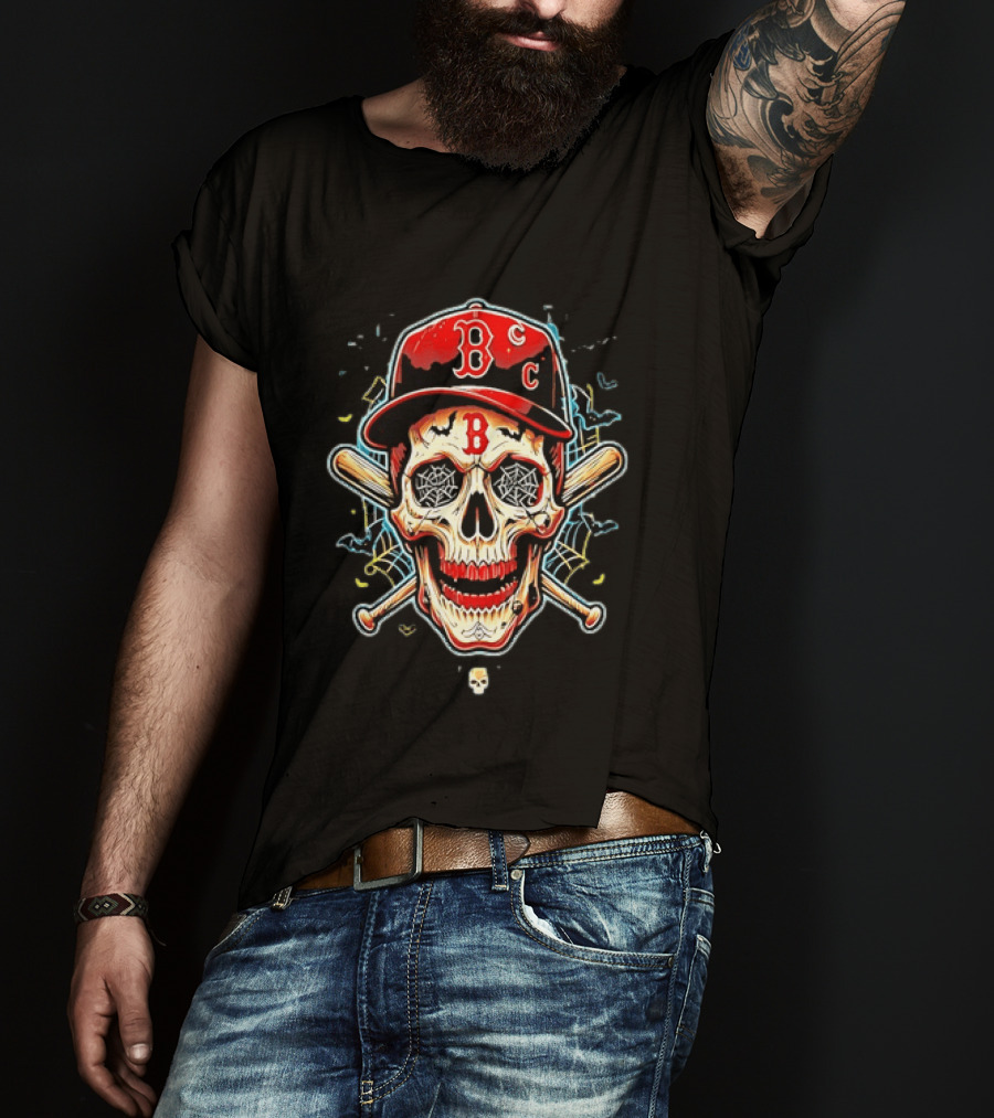 Boston Red Sox Skull Baseball Crossed Bats Red Cap T-Shirt