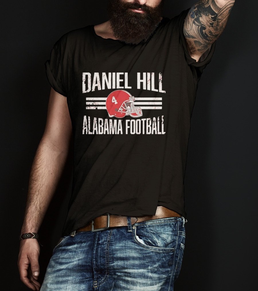 Daniel Hill Alabama Football Number 4 Red Helmet Distressed T-Shirt