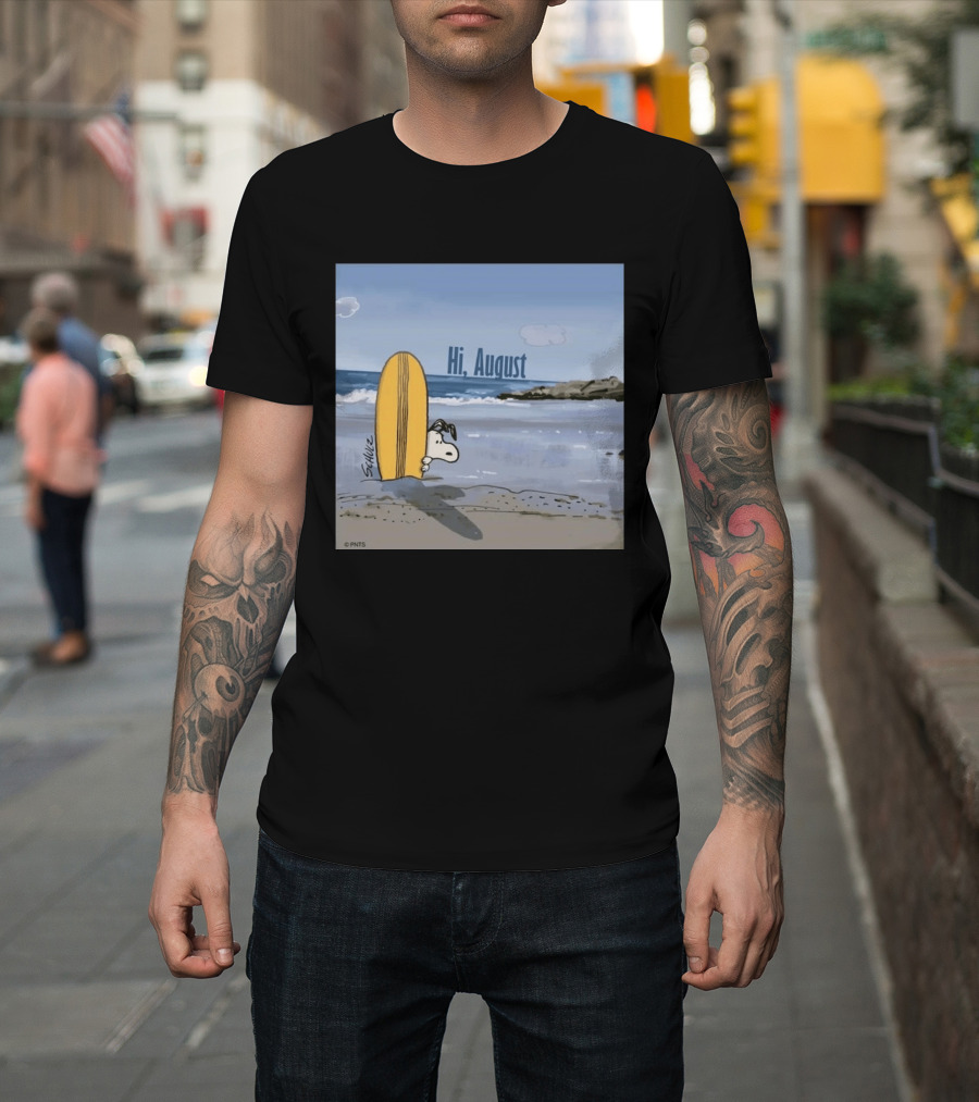 Snoopy Hi August Surfboard Beach Scene By Schulz T-Shirt