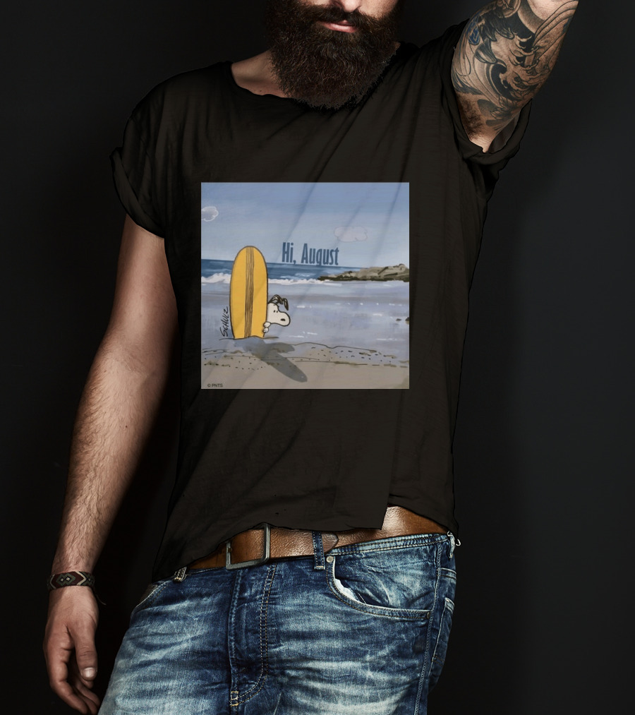 Snoopy Hi August Surfboard Beach Scene By Schulz T-Shirt