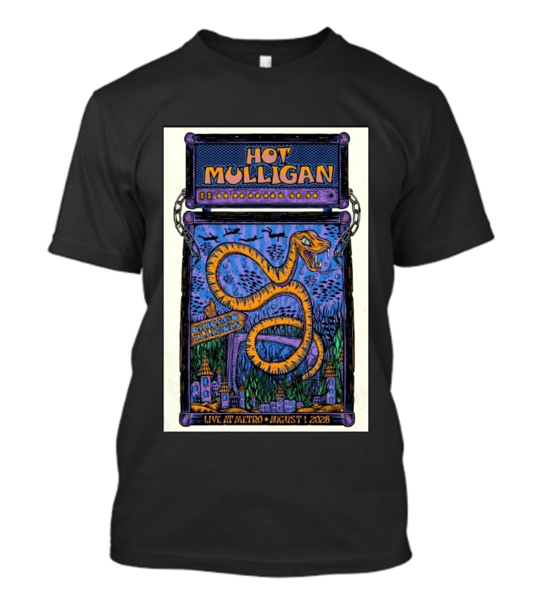 Hot Mulligan Live At Metro Chicago Illinois August 1 2026 With Snake And Cityscape T-Shirt