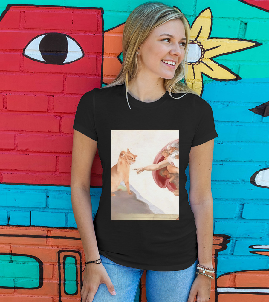 The Creation Of Adam With A Cat By Michelangelo T-Shirt