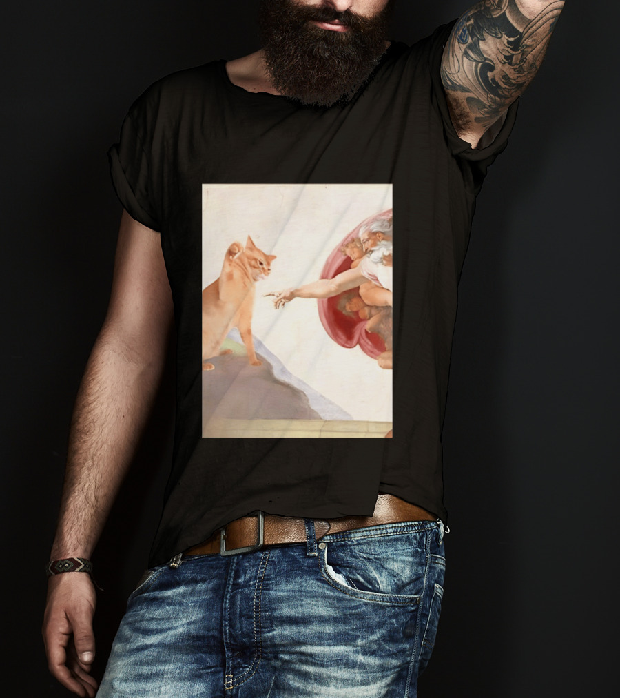 The Creation Of Adam With A Cat By Michelangelo T-Shirt