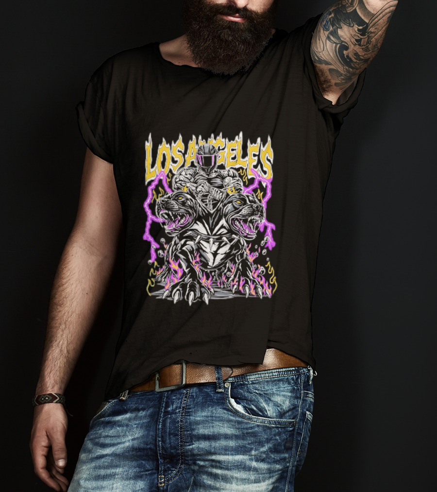 Los Angeles Rider With Two Headed Pitbull And Flames T-Shirt