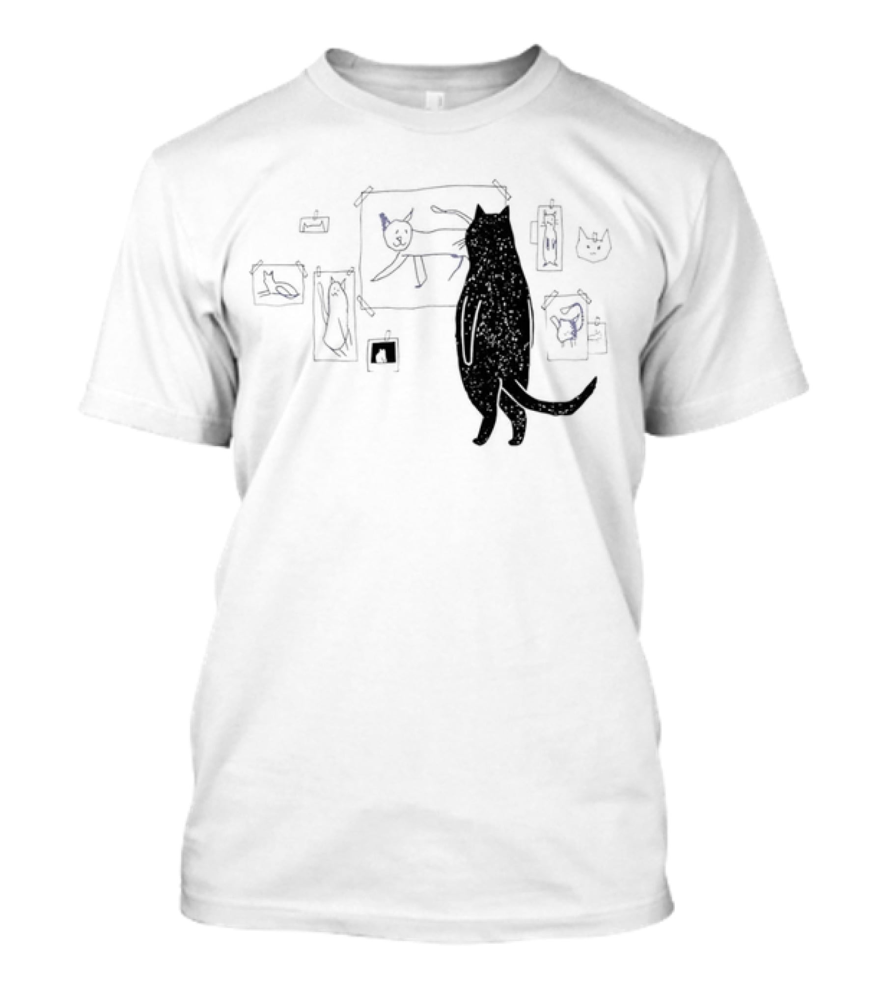 Black Cat Observing Doodle Drawings Of Cats T-Shirt