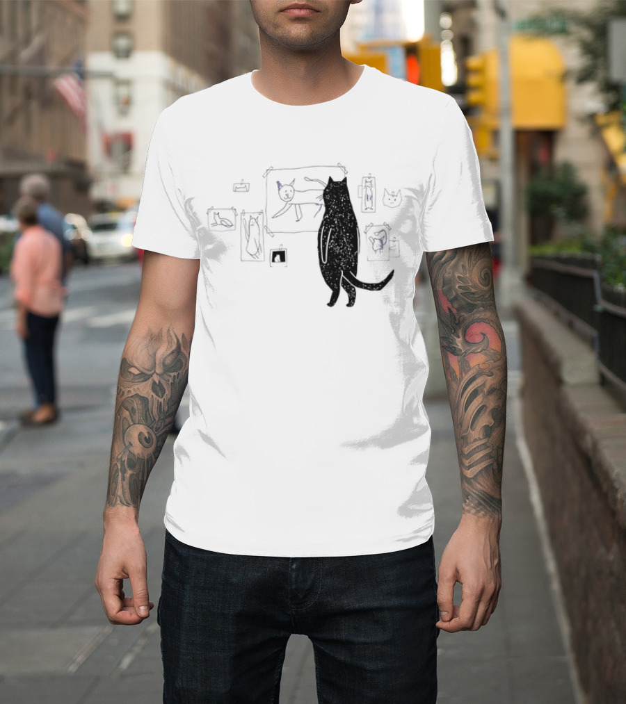 Black Cat Observing Doodle Drawings Of Cats T-Shirt