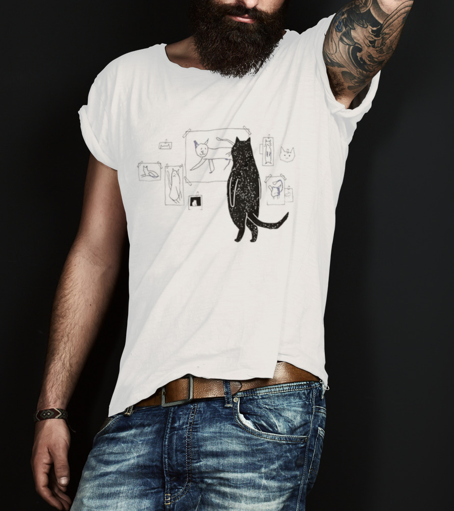 Black Cat Observing Doodle Drawings Of Cats T-Shirt
