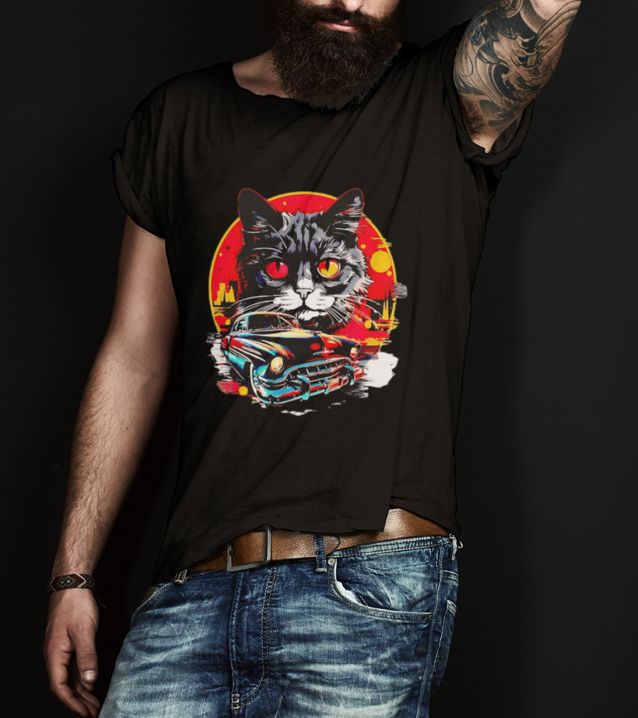Black Cat With Vintage Classic Car And Retro Sunset T-Shirt