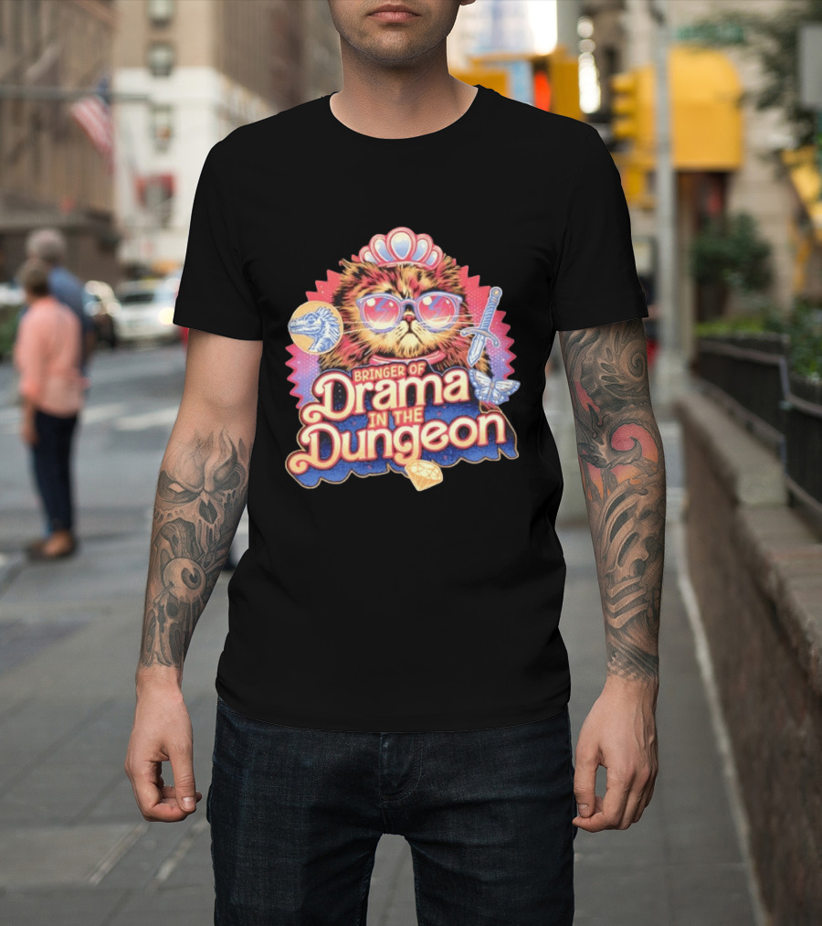 Bringer Of Drama In The Dungeon Cat With Raptor Dagger Butterfly Diamond T-Shirt
