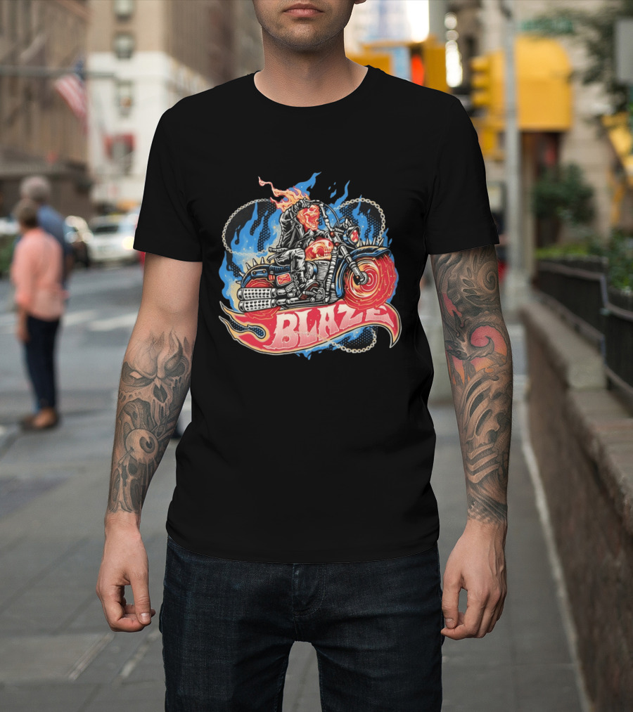 Blaze Flaming Skull Motorcycle Rider Blue Flame T-Shirt