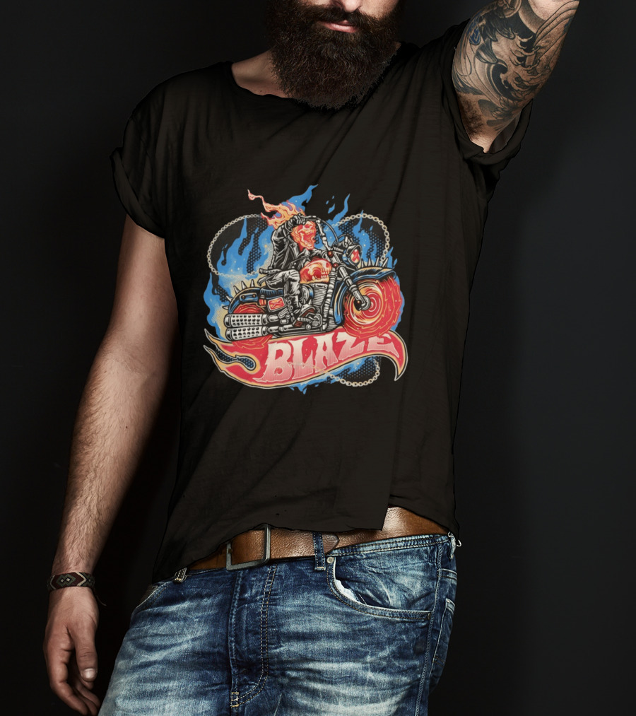 Blaze Flaming Skull Motorcycle Rider Blue Flame T-Shirt