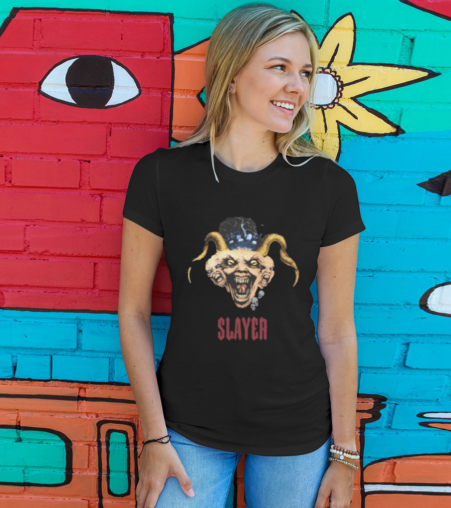 Slayer Triple Demon Head With Horns And Skulls T-Shirt