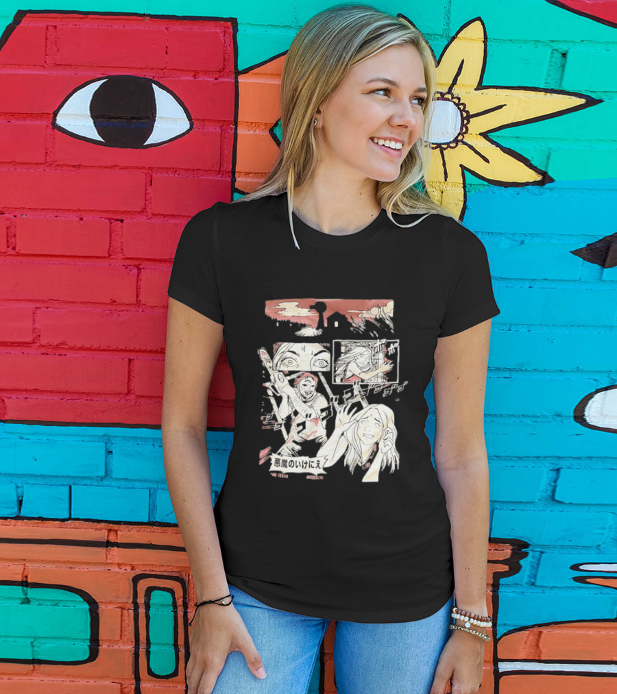 The Texas Chain Saw Massacre Manga Horror Panel With Japanese Text And Chainsaw Action T-Shirt
