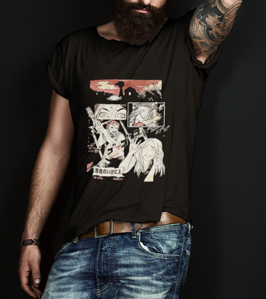 The Texas Chain Saw Massacre Manga Horror Panel With Japanese Text And Chainsaw Action T-Shirt