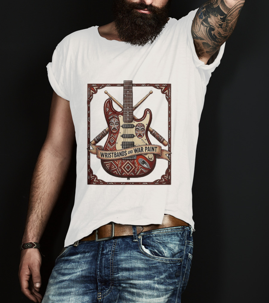 Wristbands And War Paint Electric Guitar Tribal Mask T-Shirt