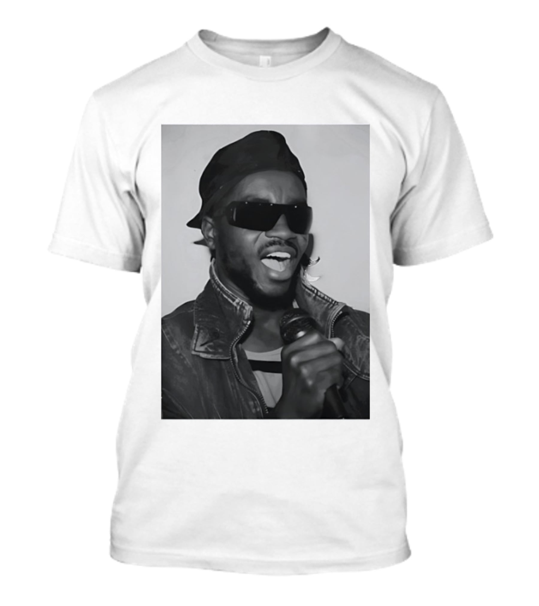 Ata Kak Iconic Ghanaian Musician Highlife Style Sunglasses Microphone Denim Jacket T-Shirt