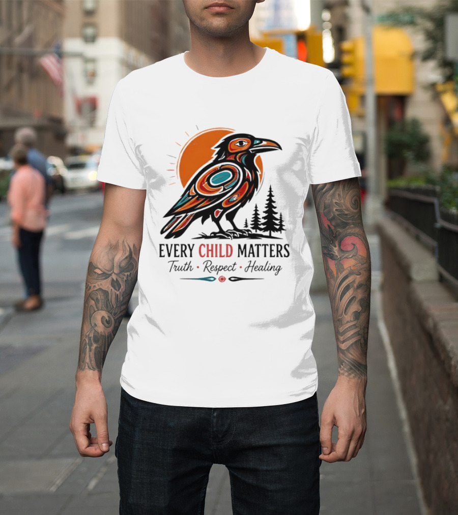 Every Child Matters Truth Respect Healing Raven With Sun And Trees T-Shirt