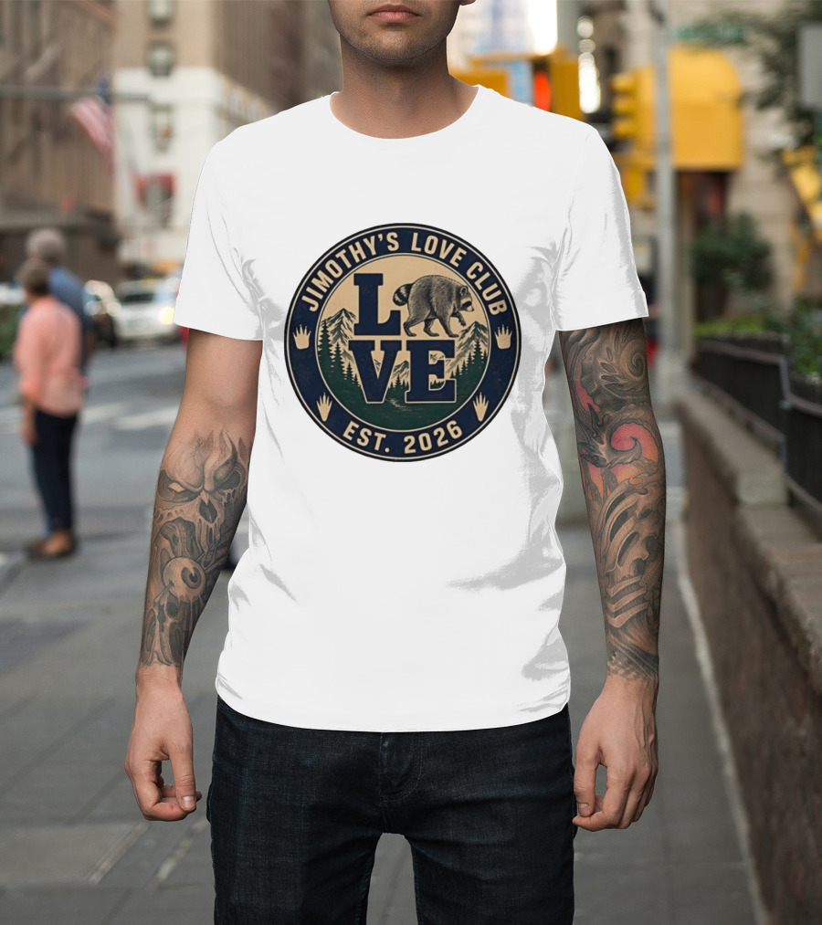 Jimothy's Love Club Raccoon Love Est 2026 Mountain Shield T-Shirt