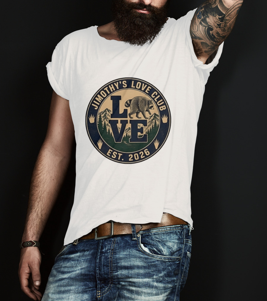 Jimothy's Love Club Raccoon Love Est 2026 Mountain Shield T-Shirt