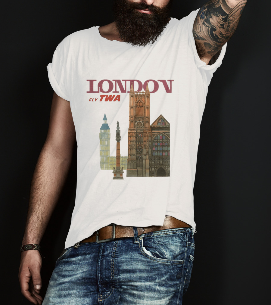 London Fly TWA Travel Big Ben Westminster Abbey Landmark T-Shirt