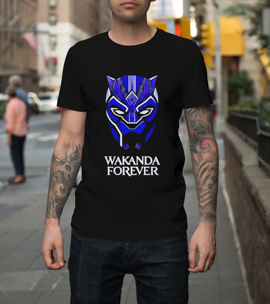 Wakanda Forever Blue Black Panther Mask Marvel T-Shirt