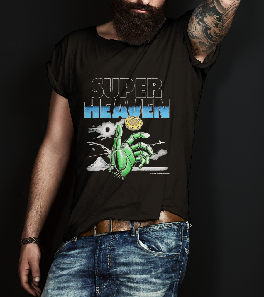 Superheaven Robotic Hand Space Adventure Coin And Mountain Scene T-Shirt
