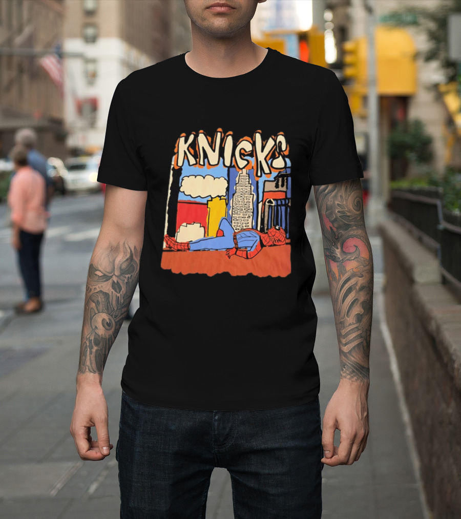 New York Knicks Spiderman Marvel NBA Basketball Skyline T-Shirt
