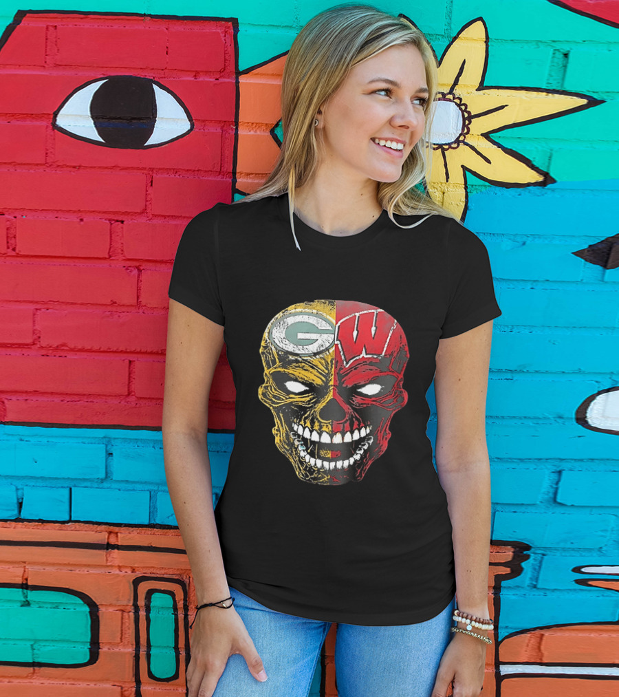Wisconsin Green Bay Packers Badgers G W Skull Black T-Shirt