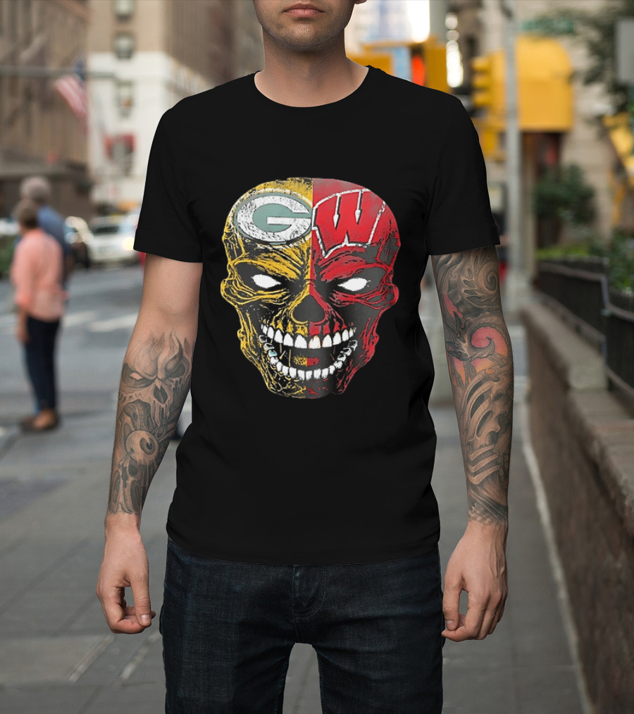 Wisconsin Green Bay Packers Badgers G W Skull Black T-Shirt
