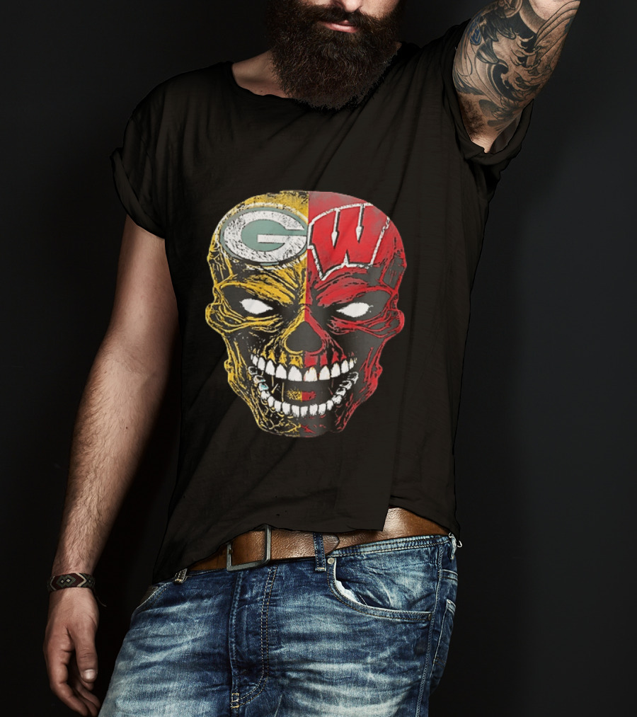 Wisconsin Green Bay Packers Badgers G W Skull Black T-Shirt